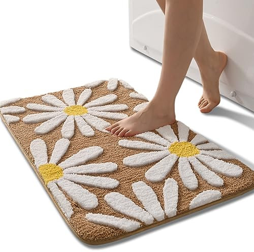 QJHOMO Badezimmerteppiche, süße Badematte mit Gänseblümchen-Motiv, weißer und gelber Teppich mit Blumendekor, rutschfeste Badvorleger aus Mikrofaser, sehr saugfähig, maschinenwaschbar, für Dusche,