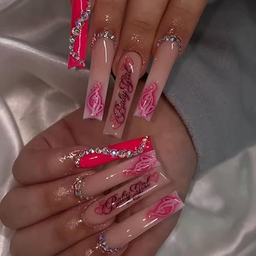 VEBONNY VEBONNY FN-LT022 Faux ongles à presser en acrylique brillant avec motif anglais en forme de cercueil avec strass 3D Rose fluo
