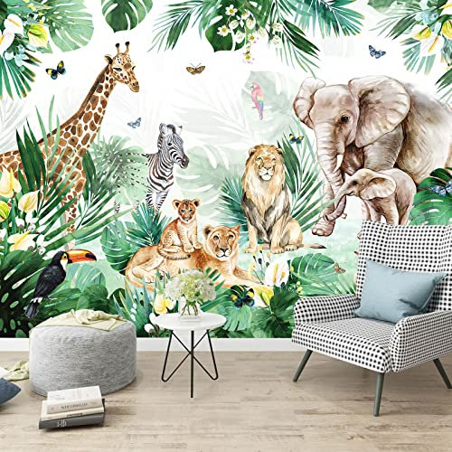 Bormia Kids Wallpaper Safari Elephant Jungle Animals Wall Mural Lion Zebra Tiger Wall Print for Childroom Nursery Room(Not Peel n' Stick)