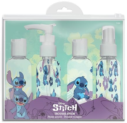 Disney – Trousse Avion Stitch Avec 4 Flacons 50ml - Spray, Clip, Pompe, Flip – Kit Voyage Avion Transparent Conforme Cabine – Plastique Résistant - Accessoire Officiel Lilo & Stitch