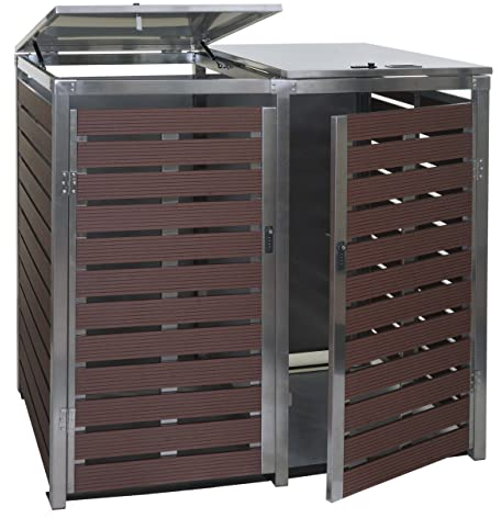 2er Mülltonnenverkleidung HWC-K14, Mülltonnenbox, 119x134x84cm WPC Edelstahl 78kg - Walnuss-Holzoptik