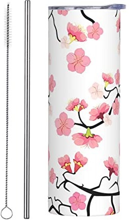 PSVOD Cherry Japanese Cherry Blossom Tumbler 20oz Travel Coffee Mug With Lid And Straws Stainless Steel Insulated Coffee Cups For Women Girls