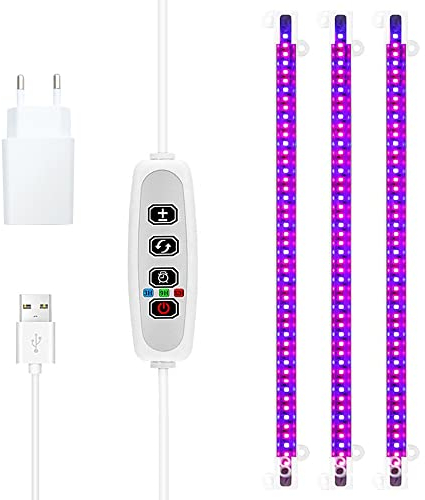 Tira de luz para el crecimiento de plantas, luces LED de crecimiento para plantas de interior, 430 nm + 660 nm luz roja azul, temporizador de 3/9/12 horas, modo de 4 interruptores, lámpara de