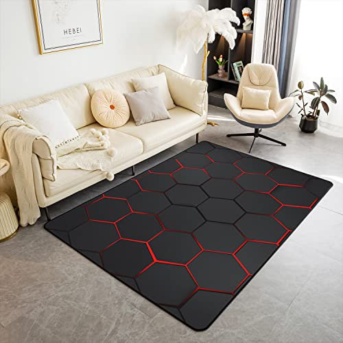 Loussiesd HonigwabenModern Teppich 100x150cm Moderne Geometrie Hexagon Thema Wohnzimmer Teppiche Geometrische Dekorative Teppich Bienenstock Innenbodenmatte Schwarz Rot Wohnzimmerteppich