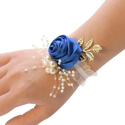 SYSUII Hochzeit Handgelenk Blumen,Blumenarmband Hand Rose Blumen Perle Armband Hochzeit Blumen Handgelenk Corsage Armreif für Frauen Mädchen Geschenk Braut Brautjungfer Weihnachten Prom Party -Blau