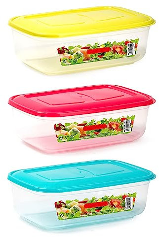 Tradineur - Pack de 3 Fiambreras Rectangular con Tapa - Fabricado en plástico - Capacidad de 2,5 litros - Apta para microondas y lavavajillas - 8 x 26,5 x 18 cm - Tapa Color Aleatorio