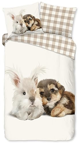 Good Morning Flanell Wende-Bettwäsche Biber Cute Hund & Hase 135 cm x 200 cm blau