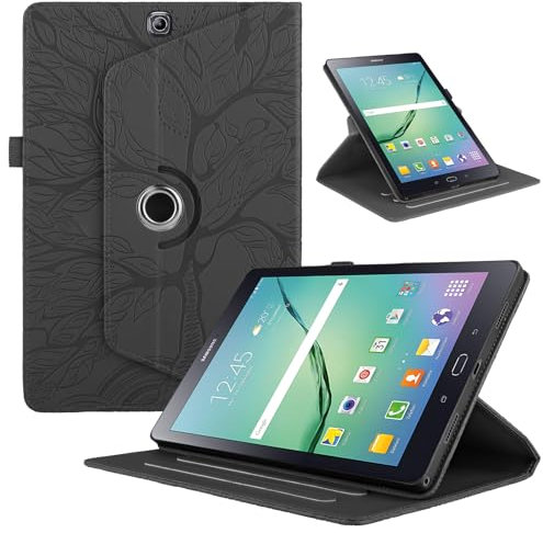 TEDTIKJT Case for Tablet Samsung Galaxy Tab S2 9.7 Inch 2015 SM-T810/T815 PU Leather 360°Rotatable Stand Flip Protective Samsung Tab S2 9.7 Cover, Tree Black