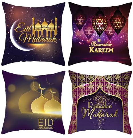 4er Set Ramadan Kissenbezug, 45x45cm Eid Mubarak Zierkissenbezüge Eid Mubarak Werfen Kissen Kissenhülle Bezug Muslim Quadratisch Wurfkissenbezüge Sofakissen Dekokissen für Sofa Wohnzimmer