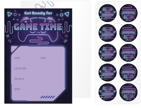 Rileys & Co. 50-Pack Game Party Invitations for Kids – 5 x 7 inches – Premium Quality Cards with Matching Envelopes & Stickers – Level Up Your Party Invites for an Epic Celebration