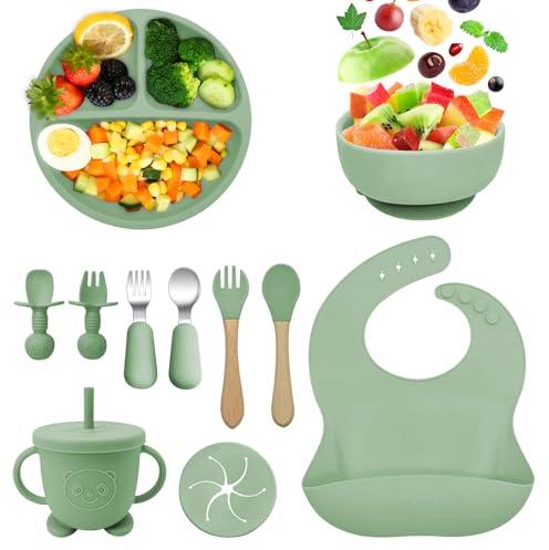 Bizcasa Silikon Baby Geschirrset,11 Stücke Rutschfest Kindergeschirr Set mit Saugnapf,Kindergeschirr Baby-Teller,BPA Frei Esslernbesteck Sets mit Löffel Gabel Schüssel Lätzchen Becher (Armeegrün)