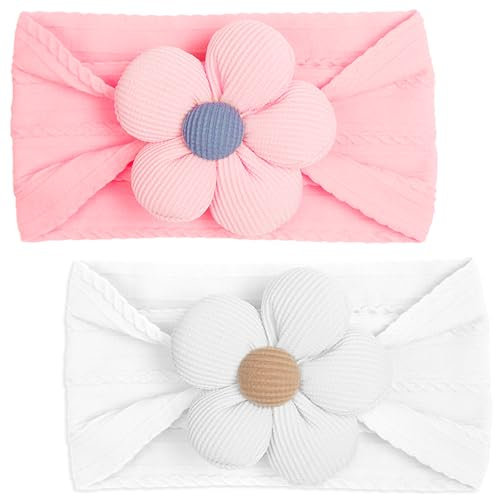 2 Pièces Bandeau Bébé Nouveau-né pour Filles - Bandeau Fleur Bébé - Bandeaux de Cheveux Doux pour Nouveau-nés et Tout-petits (Rose et Blanc)