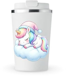 MAXIKIWI - Tazza termica a doppia parete, a tenuta stagna, in acciaio inox, tazza da viaggio per caffè o tè, con coperchio, mantiene le bevande calde e fredde - Simpatico unicorno - 350 ml