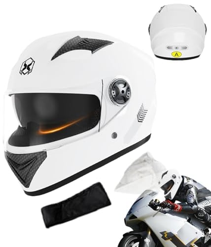Motorradhelm - Integral-Motorradhelme,Motorrad-Integralhelme ABS,Motorcycle Full Face Helmet ,Robuster & Leiser Motorrad Helm - Kinn & Kopf Belüftung,Klares Visier 9Kopfumfang: 54–61 cm (White)