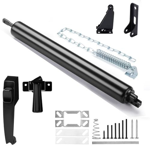 Kit de ferme-porte d'écran et tempête noir, tout en un, ferme-porte pour portes tempête lourdes | Ensemble de loquet à bouton poussoir | Chaîne de protection de porte tempête et ressort