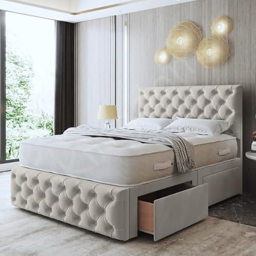 eKINGDOM Luxury Chesterfield Divan Bed | 54” Matching Headboard | Plush Velvet | With Mattress | 2 Storage Drawers | Single Double Bed King Size (Cream Plush, Super King 6ft (2 Drawers))