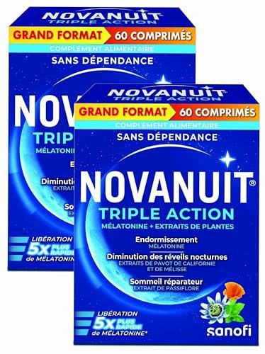 NOVANUIT Triple action - Mélatonine + Extraits de plantes - Grand FORMAT - 4 MOIS DE TRAITEMENT - Lot de 2 Boites de 60 Comprimés