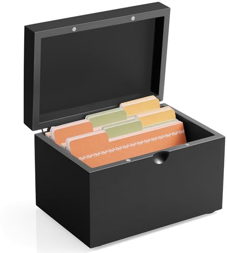 DRASTAR Karteikartenhalter, 7,6 x 12,7 cm, Holz-Karteikarten-Organizer mit 45 Karteikarten-Trennwänden, Karteikartenhalter für Heimbüro, Schwarz