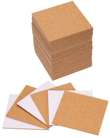 QUARKZMAN 50pcs sous-Verres en Liège Auto-Adhésifs, Dessous de Verre Tasse Bouteille Plat Carré 80x80x2mm, Mini Tableau en Liège Mural pour Loisirs Créatifs Maison Bar Café Entreprise
