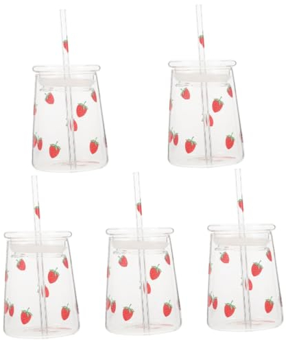 Garneck 5 Juegos Vidrio Vaso Infantil Vaso niño Jars Botellas de Cristal Taza Taza de con Leche Taza de Helado Gafas Vaso de Leche Taza de Vasos de Fresa Reutilizable