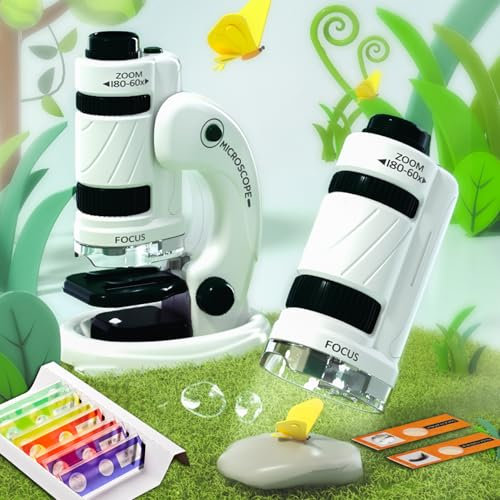 3 in 1 Mini Scope Kit with LED Light,Indoor Outdoor Explorer Microscope for Kids,60X-180X Protable Kids Science Experiment Kit Educational Toys Gift for Children Boys Girls