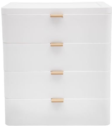 Caja de escritorio con 4 cajones, pequeña torre de almacenamiento, organizador de oficina, caja de almacenamiento con cajones para oficina, dormitorio, cosméticos, blanco, 26 x 20,2 x 29 cm