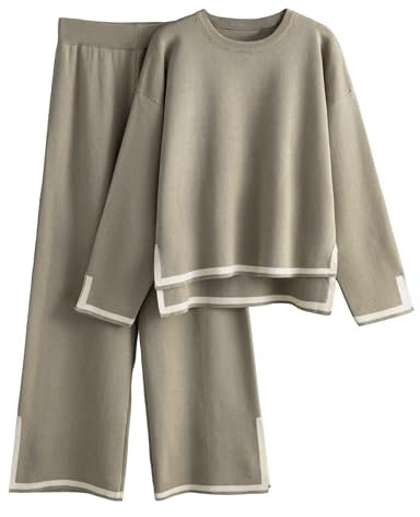 Famulily Womens Sets Clothing Sweater Sets 2 Piece Crew Neck Top Travel Outfits Side Split Hem Khaki XL