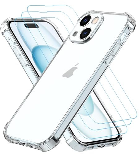 Totill Cover per iPhone 15 Gel TPU in Silicone Custodia Ultra Trasparente e 3 × Vetro temperato per iPhone 15, Pellicola Proteggi Schermo case coque Hülle