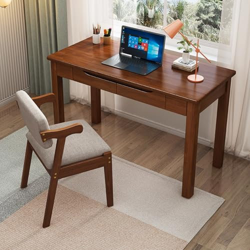 Escritorio de madera de roble macizo con 2 cajones, moderna y pequeña, mesa de estudio para oficina en casa (acabado de nogal de 78 cm)