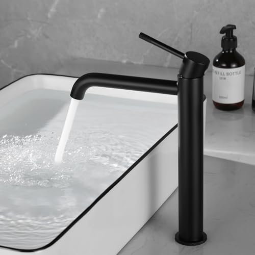 PHASAT Robinet de Lavabo pour Salle de Bain, Mitigeur Lavabo Haut Vasque à Poser, Mitigeur Salle De Bains Eau Chaude et Froide Disponible, Mtigeur Monocommande Noir PTMP22B