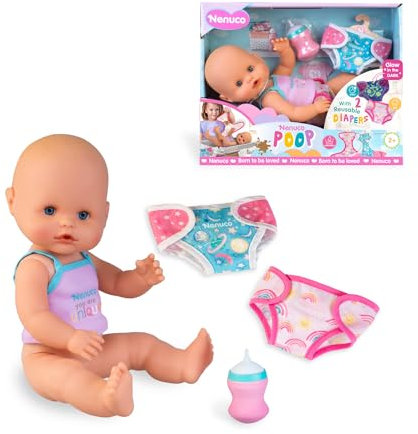 Nenuco Hace Popó, Muñeco Bebé de 35 cm y Cuerpo Duro, Bebé Que Hace Popó Marrón de Verdad Bebiendo Agua, Incluye Biberón y 2 Pañales Lavables, Pañal de Día y de Noche, +3 años, Famosa (NFNB3000)