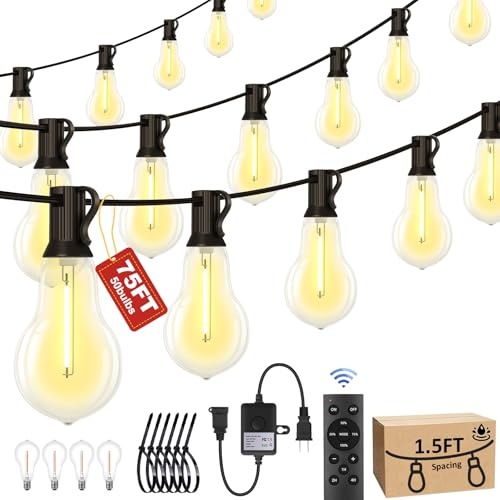 75FT Outdoor String Lights 50+3 Bulbs,120W Dimmer Remote IP65 Watterproof | 1.5FT Bulbs Spacing, Shatterproof Bulbs, Connectable, Dimmable & 3Mode & Timmer, Ties for Setup Outside Patio Porch Backyard