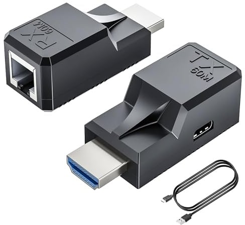 SHANFEILU Extensor HDMI a RJ45 a través de CAT6, adaptador de cable LAN Ethernet, repetidor de señal 1080P 60M/59.7 m con cable de alimentación micro tipo C, emisor y receptor, 2 puertos para monitor