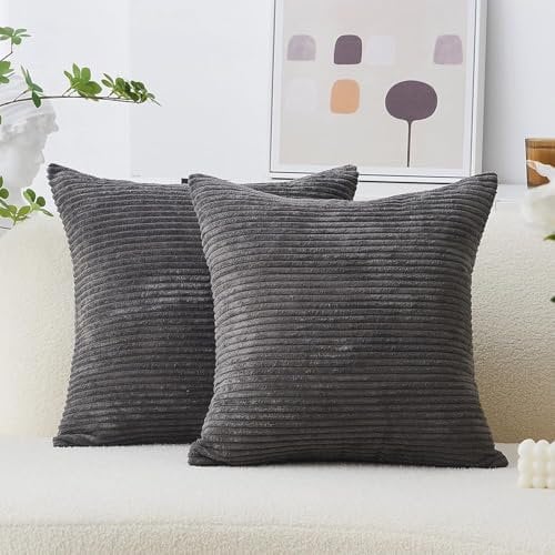 SofaHeaven Set of 2 Jumbo Cord Square Throw Pillow Case Soft Cushion Covers Home for Sofa Couch/Bedroom Decorative Fluffy Large Pillowcases 18x18 Inch (Grey)
