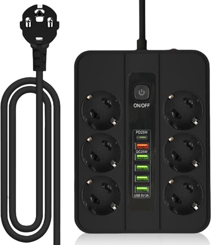 Mehrfachsteckdose, Steckdosenleiste 6-Fach mit 5 USB, Mehrfachsteckdose Wandmontage mit Schalter und 2M Kabel, Schreibtisch Steckdosenleiste, Schnellladung Steckdosenleiste für Büro & Zuhause, Schwarz