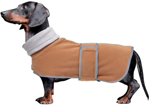 MOREZI Winterhundejacke mit wattiertem Flusenfutter, verstellbarem Klettknopf und hochklappbarem Stehkragen. Sehr gut geeignet für Dackel und kleine und mittelgroße Jagdhunde-Braun-XS