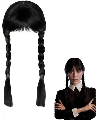 MOPZIJA Addams Perücke für Kinder, Schwarze Geflochtene Perücken, Perücken mit Pony Zopf, Gothic Kostüm Lange Zöpfe Perücken mit Bangs für Cosplay Party Fasching Karneval Halloween，wednesday perücke