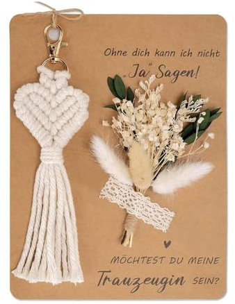XFSRG Trauzeugin Fragen Geschenk Makramee Schlüsselanhänger mit Sein Karte Trockenblumenstrauß Personalisiertes Geschenkpaket für die Brautjungfer