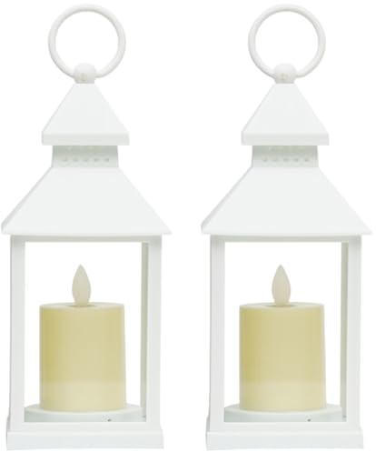 2Pcs White Lanterns, 9x4 Inch LED Battery Operated Lantern with Handle & Candle Shape, Decorative & Safe for Indoor, Outdoor