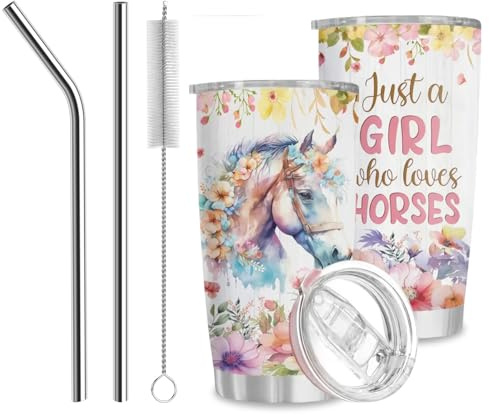 Zorbal Horse Gifts for Women, Floral Horse Design Insulated Travel Mug for Horses Lovers, Stainless Steel Travel Coffee Cup with Straw and Lid for Birthday, Christmas, New Year Present 20oz