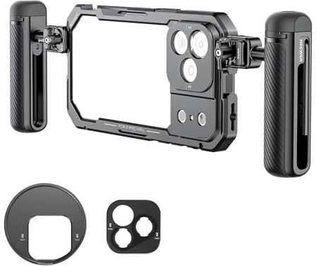 NEEWER 17 Pro Max Käfig Cage Video Rig Handy Stabilisator Set kompatibel mit iPhone 17 Pro Max mit 67mm Filterring 17mm und T Mount Objektivrückplatten, Zwei Schnellverschlussgriffe, PA144 (schwarz)