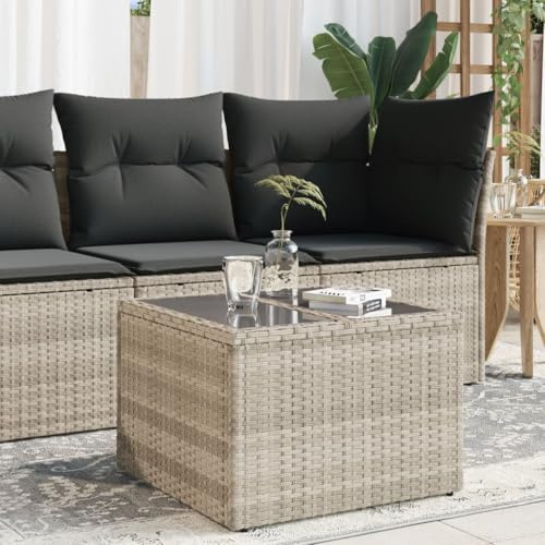 IBUQDDV Gartentisch mit Glasplatte Hellgrau 55x55x37 cm Poly Rattan für Terrasse und Garten, Robuster Stahlrahmen, Wetterfestes PE-Rattan, Langlebiges Hartglas, Stabiles Outdoor