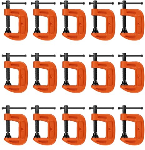 SOUJAP 1 Inch C Clamp Set, Cast Iron G Clamp for Woodworking and Welding, Orange, 25mm Jaw Opening, 20mm Throat Depth, 15 Pack