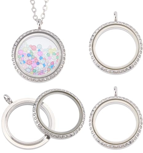 FINGERINSPIRE 4 Stück Glasmedaillon Anhänger Mit 36.5x30x6.5mm Strasssteinen 304 doppelseitige Edelstahl Medaillon Anhänger Mit Flachen Runden Glasanhängern Für Schmuckherstellung DIY Bastelarbeiten
