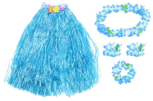 YARNOW Jupe Hawaïenne en Paille Double Couche 5 Pièces Bleue Guirlande Luau, Accessoires Fête Tropicale pour Plage, Mariage et Soirée Costumée, Costume Hula Traditionnel et Décoratif
