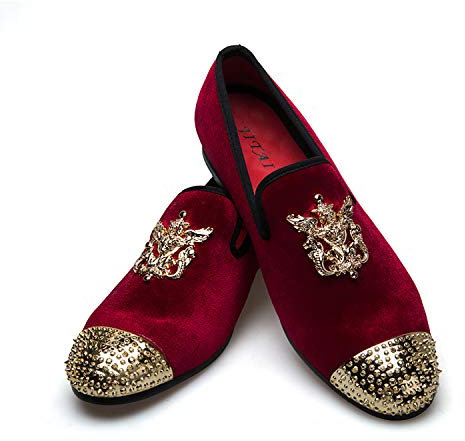 JITAI Herren Retro Samtstickerei edle Mokassinschuhe Freizeitschuhe Müßiggänger Raucher Müßiggänger, Rot 02, 44 EU (11 UK)