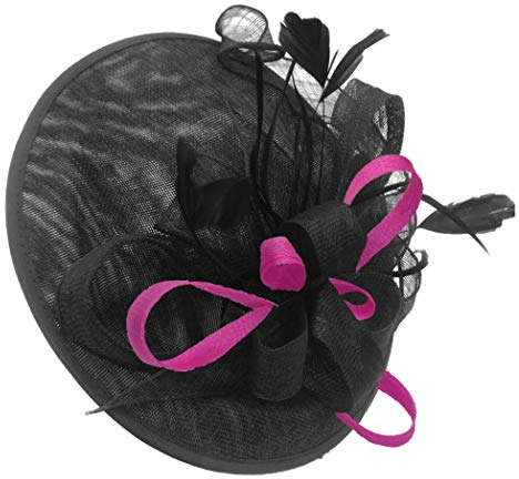 Caprilite Black and Fuchsia Hot Pink Sinamay Big Disc Saucer Fascinator Hat for Women Weddings Headband