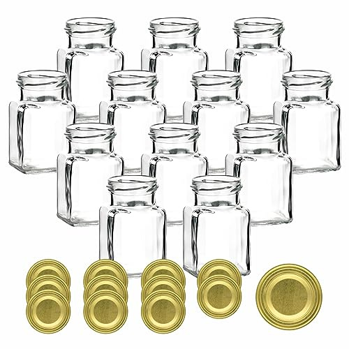 gouveo 12er Set Einmachgläser 150 ml (0,15 l) eckig mit goldfarbenem Schraubdeckel aus Metall, kleine Vorratsgläser zum Abfüllen & Aufbewahren (EGE150G)