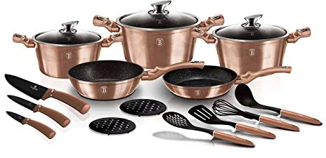 10 TLG. oder 17 TLG. Kochtopfset Induktion Pfannen-Set Topf-Set Aluguss Töpfe Antihaftbeschichtung Marmor Kochtopf Set Ertex (17 TLG. Gold)