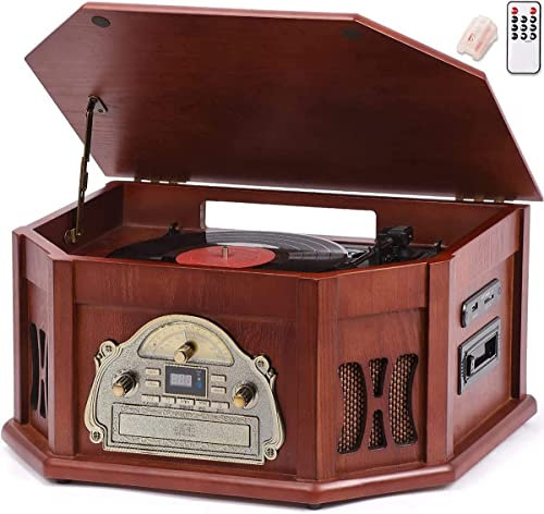 ORCC 10-in-1 Vintage-Plattenspieler, mit Geschenkkarte, Vinyl-Plattenspieler für 33/45/78 U/min, CD/USB/SD-Wiedergabe, Bluetooth und Fernbedienung, FM/AM-Radio für Musikliebhaber, Holz